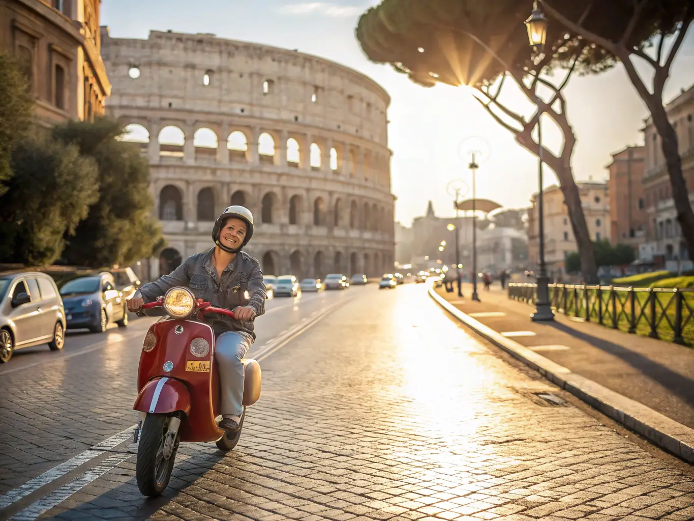 A person smiling while riding a RomanScoot Vespa scooter through a sunny Roman street, with the Colosseum in the background.