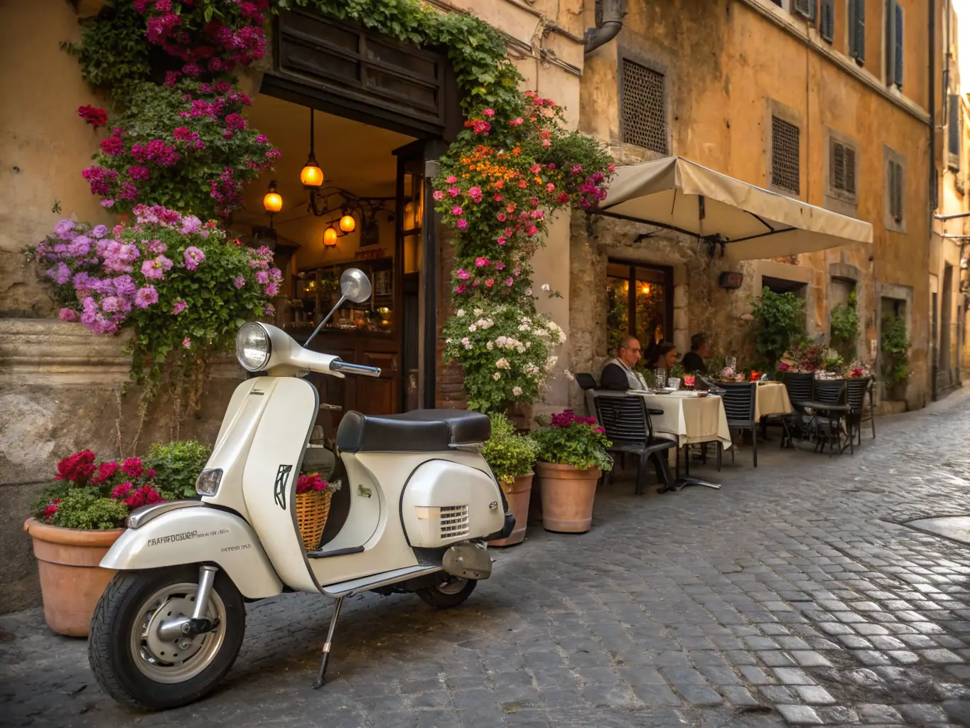 A Piaggio scooter parked in front of a charming cafe in Trastevere, highlighting the scooter's classic Italian design and suitability for exploring local neighborhoods.