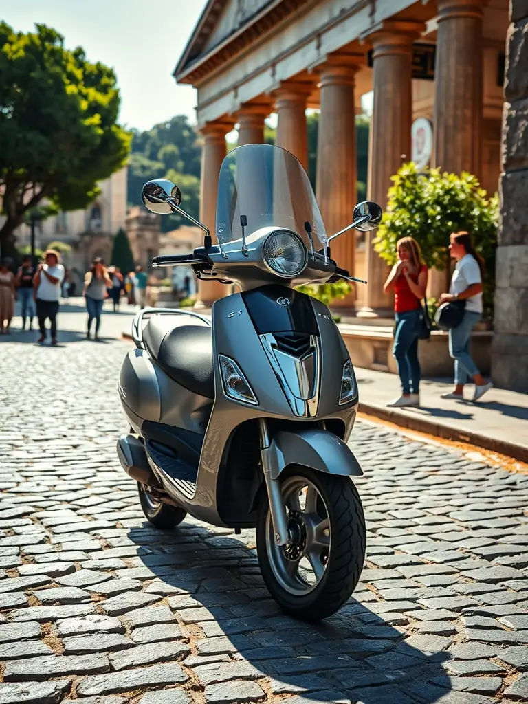 A Piaggio scooter parked on a cobblestone street near the Roman Forum, emphasizing its reliability and practicality for daily use.