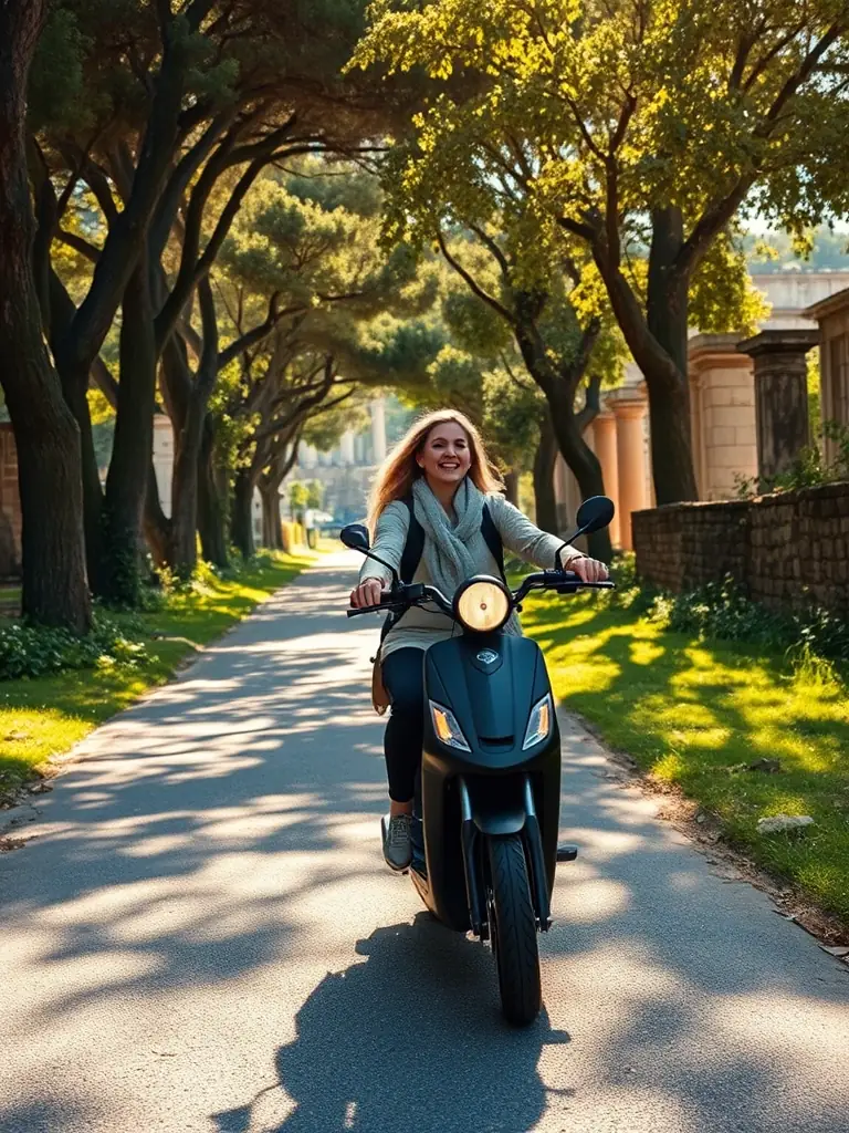 A person riding an electric scooter along the Appian Way, with ancient ruins in the background, demonstrating the scooter's ability to explore historical landmarks.