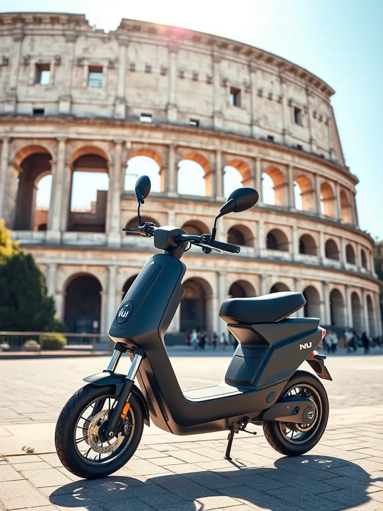 A sleek, modern Niu electric scooter parked in front of the Colosseum in Rome, showcasing its compact design and suitability for navigating historic sites.
